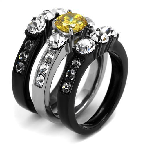 TK2615 - Two-Tone IP Black (Ion Plating) Stainless Steel Ring with AAA Grade CZ  in Topaz