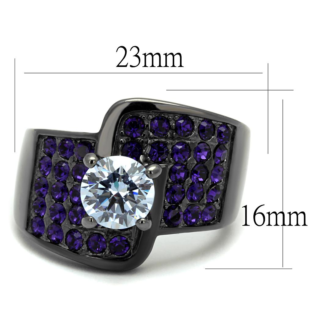 TK2644 - IP Light Black  (IP Gun) Stainless Steel Ring with AAA Grade CZ  in Light Amethyst