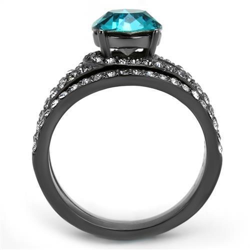 TK2744 - IP Light Black  (IP Gun) Stainless Steel Ring with Top Grade Crystal  in Blue Zircon