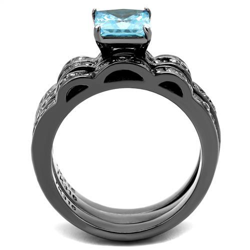 TK2748 - IP Light Black  (IP Gun) Stainless Steel Ring with AAA Grade CZ  in Sea Blue