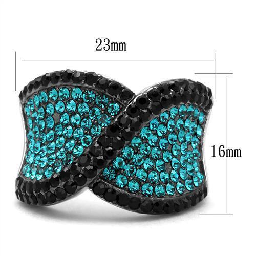 TK2764 - Two-Tone IP Black Stainless Steel Ring with Top Grade Crystal  in Blue Zircon