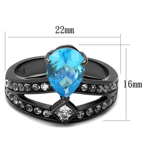 TK2775 - IP Light Black  (IP Gun) Stainless Steel Ring with AAA Grade CZ  in Sea Blue