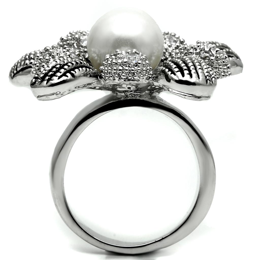 TK2877 - High polished (no plating) Stainless Steel Ring with Synthetic Pearl in White