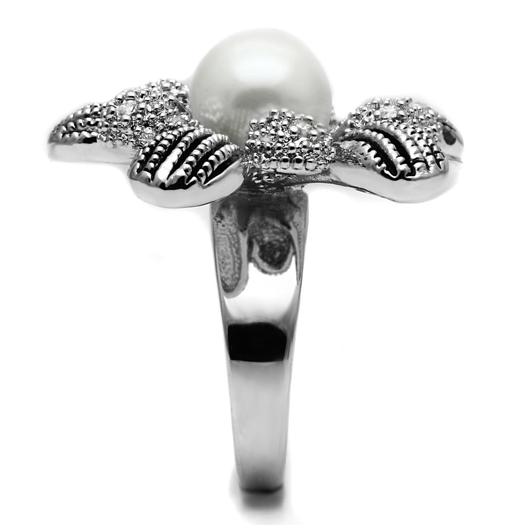 TK2877 - High polished (no plating) Stainless Steel Ring with Synthetic Pearl in White