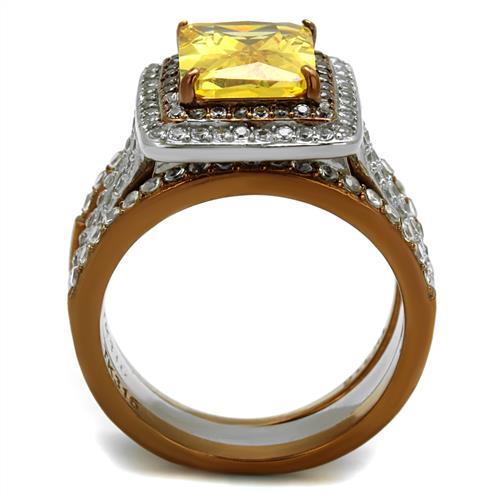 TK2962 - Two Tone IP Light Brown (IP Light coffee) Stainless Steel Ring with AAA Grade CZ  in Topaz