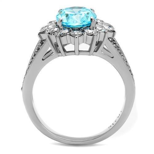 TK2977 - High polished (no plating) Stainless Steel Ring with AAA Grade CZ  in Sea Blue