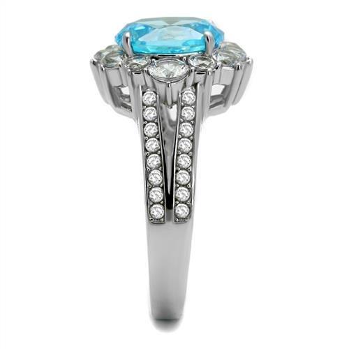 TK2977 - High polished (no plating) Stainless Steel Ring with AAA Grade CZ  in Sea Blue