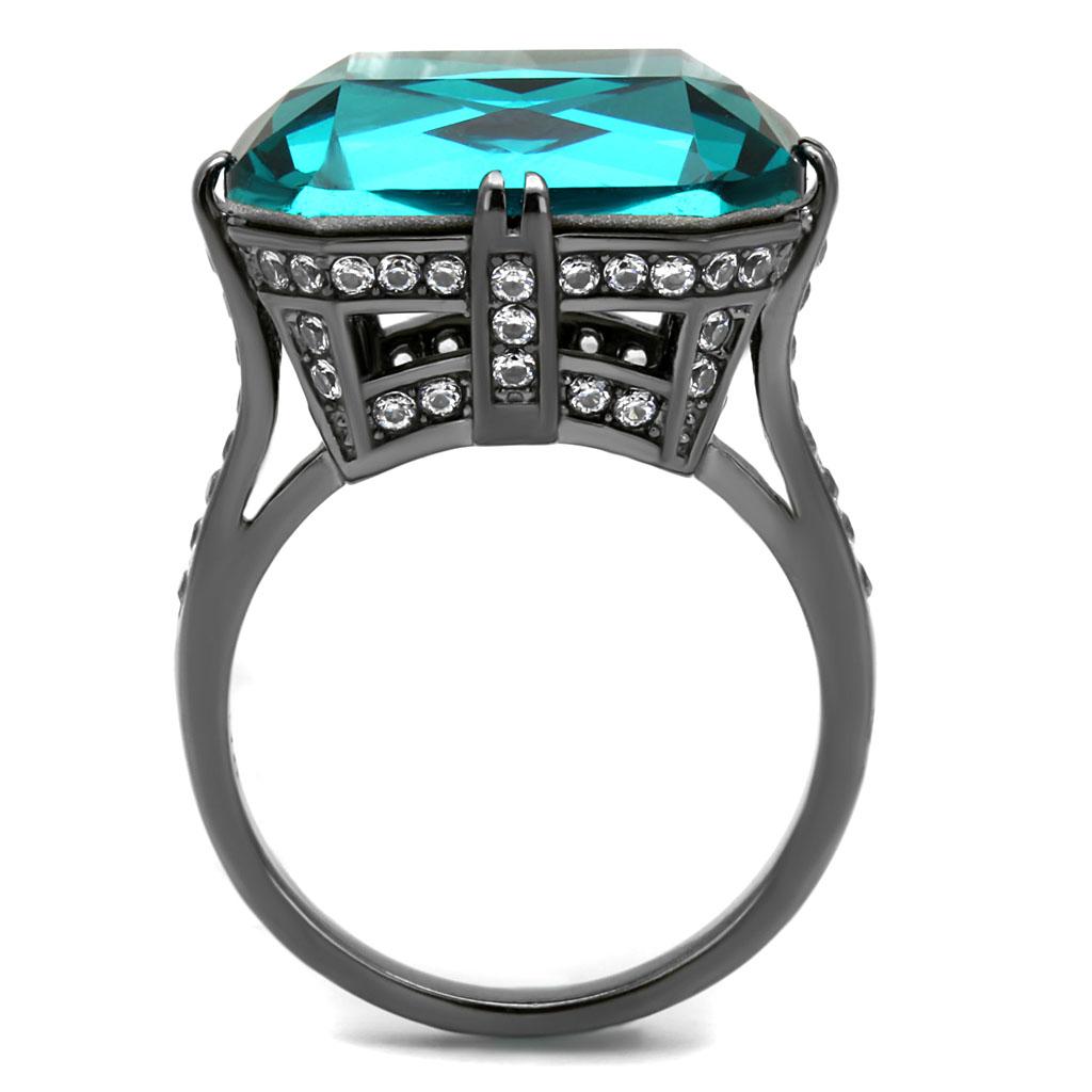 TK2998 - IP Light Black  (IP Gun) Stainless Steel Ring with Top Grade Crystal  in Blue Zircon