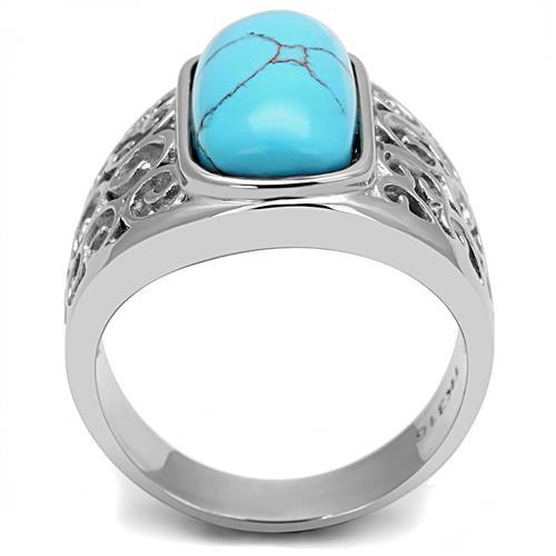 TK3043 - High polished (no plating) Stainless Steel Ring with Synthetic Turquoise in Sea Blue