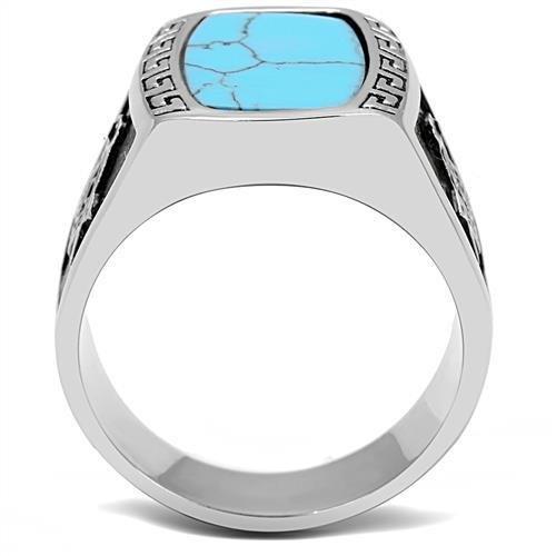 TK3044 - High polished (no plating) Stainless Steel Ring with Synthetic Turquoise in Sea Blue