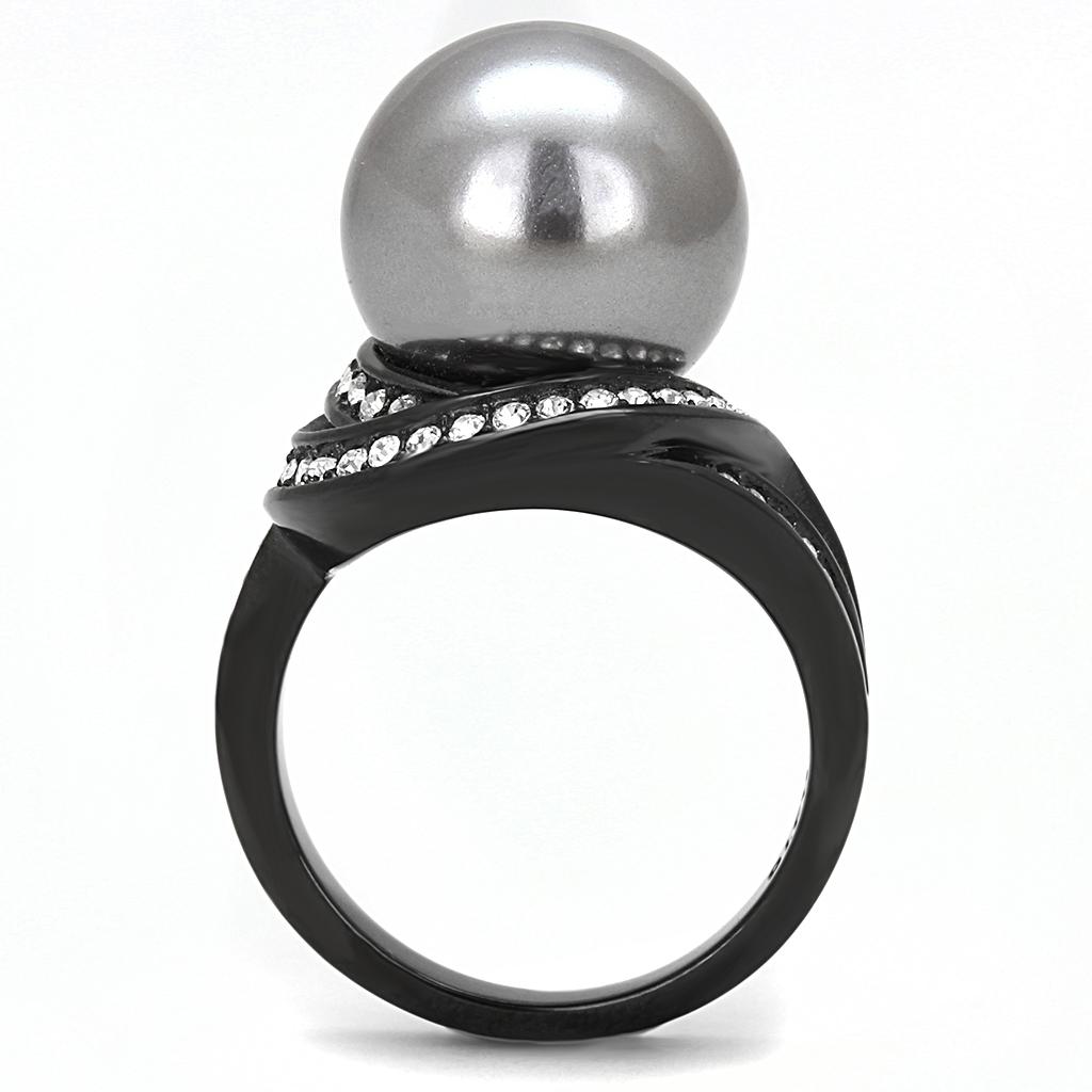 TK3052 - IP Black(Ion Plating) Stainless Steel Ring with Synthetic Pearl in Gray