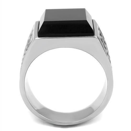 TK3076 - High polished (no plating) Stainless Steel Ring with Synthetic Onyx in Jet