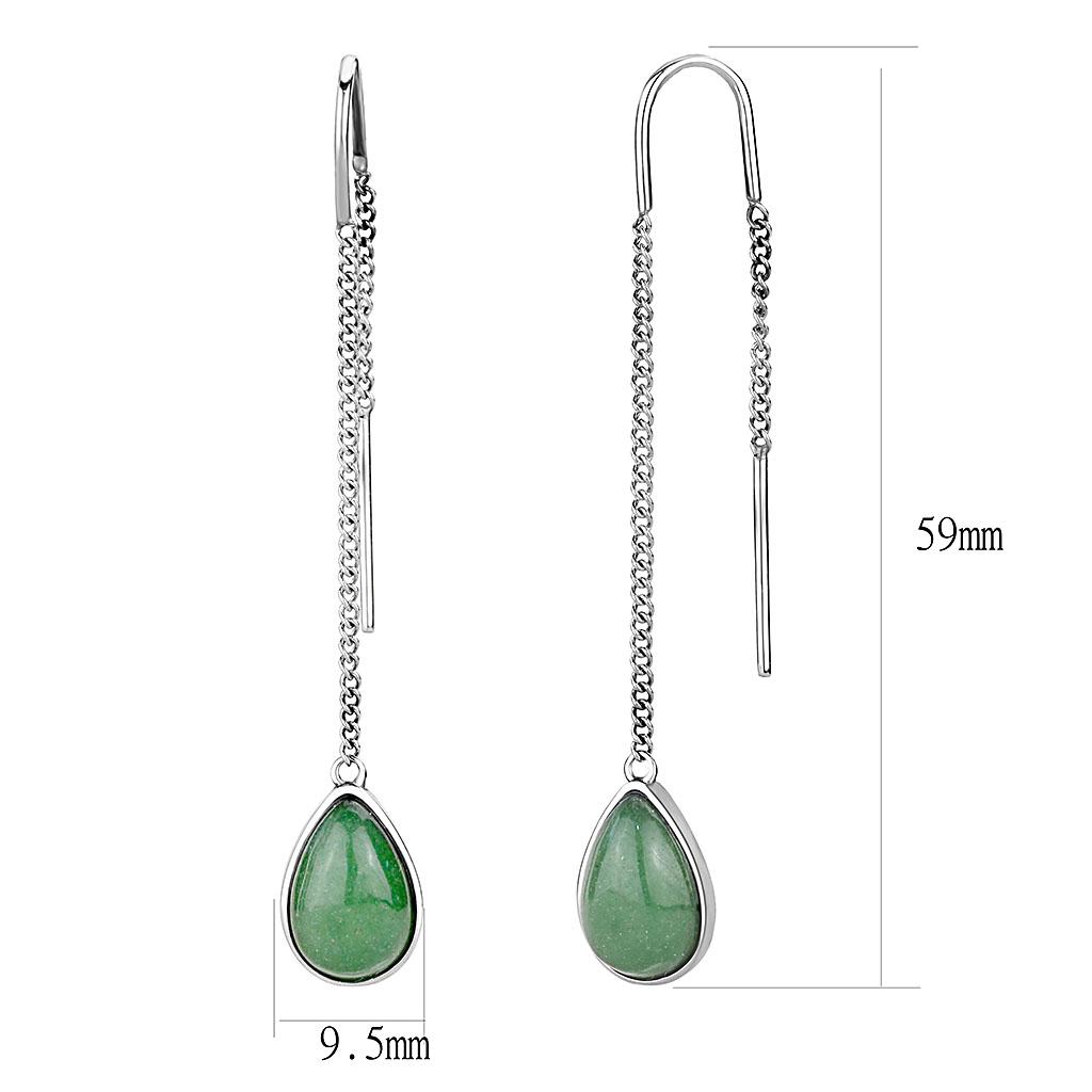 TK3099 - High polished (no plating) Stainless Steel Earrings with Semi-Precious Jade in Emerald