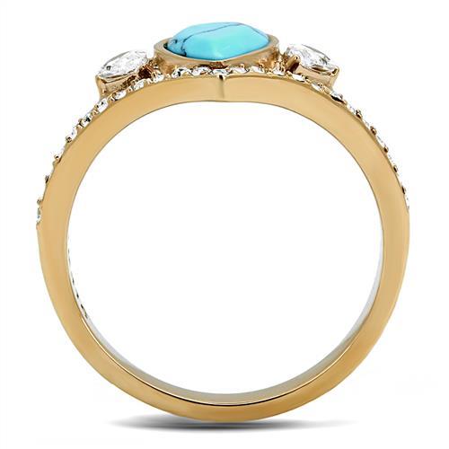 TK3200 - IP Rose Gold(Ion Plating) Stainless Steel Ring with Synthetic Turquoise in Sea Blue