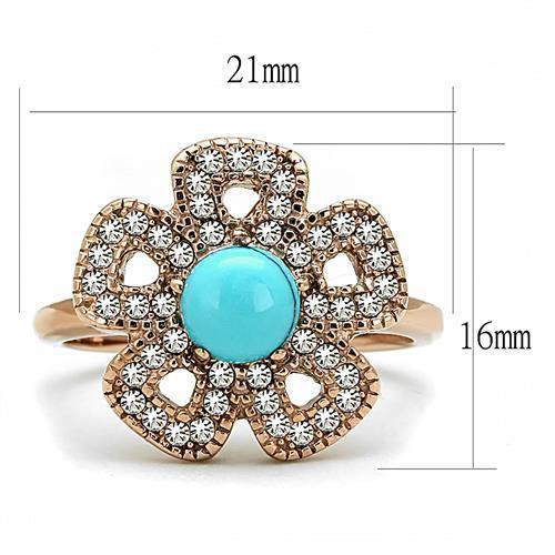 TK3201 - IP Rose Gold(Ion Plating) Stainless Steel Ring with Synthetic Turquoise in Sea Blue