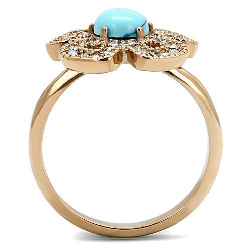 TK3201 - IP Rose Gold(Ion Plating) Stainless Steel Ring with Synthetic Turquoise in Sea Blue