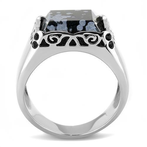 TK3230 - High polished (no plating) Stainless Steel Ring with Semi-Precious Snowflake Obsidian in Jet