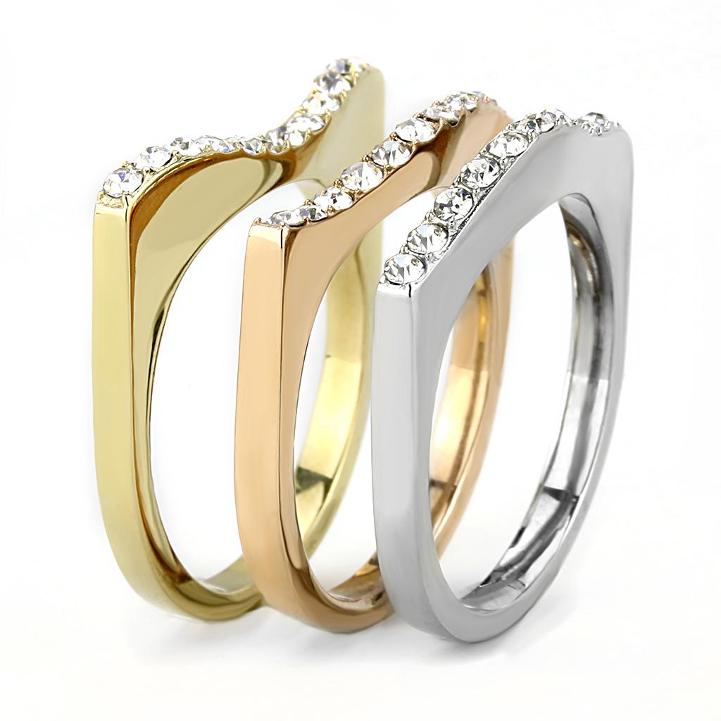 TK3234 - Three Tone IPï¼ˆIP Gold & IP Rose Gold & High Polished) Stainless Steel Ring with Top Grade Crystal  in Clear