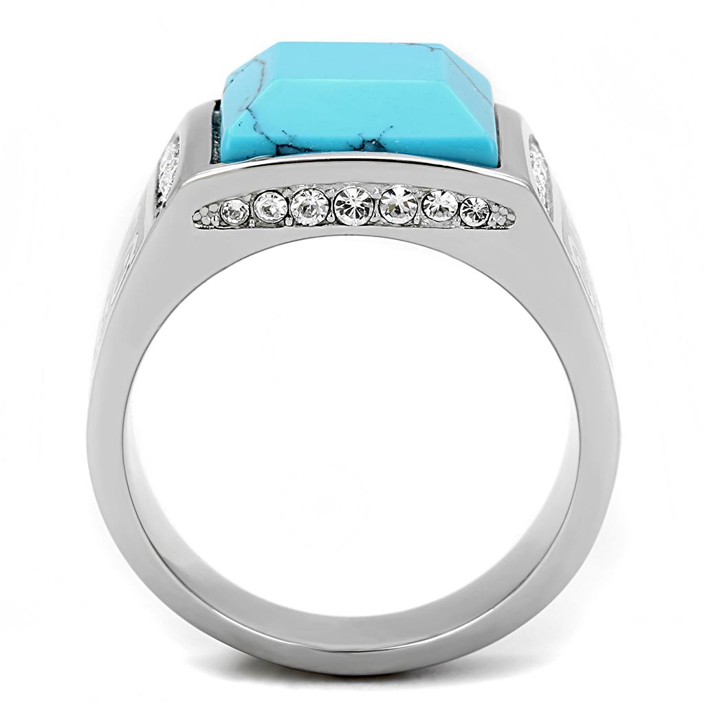 TK3274 High polished (no plating) Stainless Steel Ring with Synthetic in Sea Blue