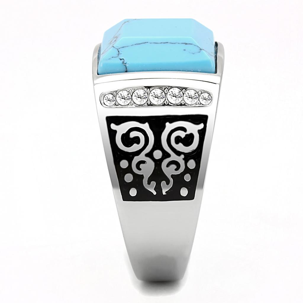 TK3274 High polished (no plating) Stainless Steel Ring with Synthetic in Sea Blue