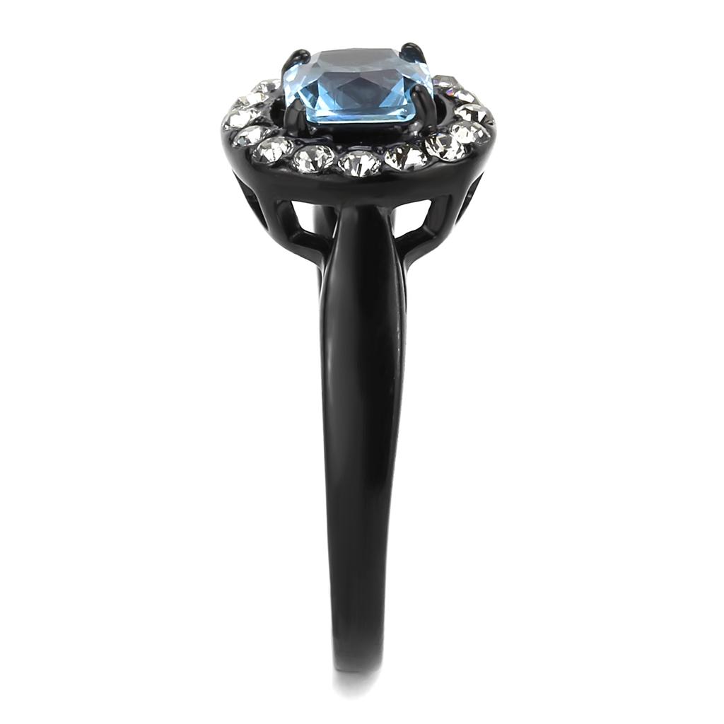 TK3443 - IP Black(Ion Plating) Stainless Steel Ring with Synthetic Synthetic Glass in Sea Blue