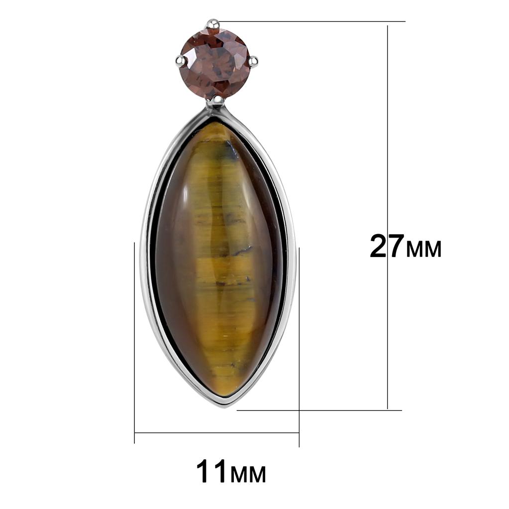 TK3488 - High polished (no plating) Stainless Steel Earrings with Semi-Precious Tiger Eye in Topaz