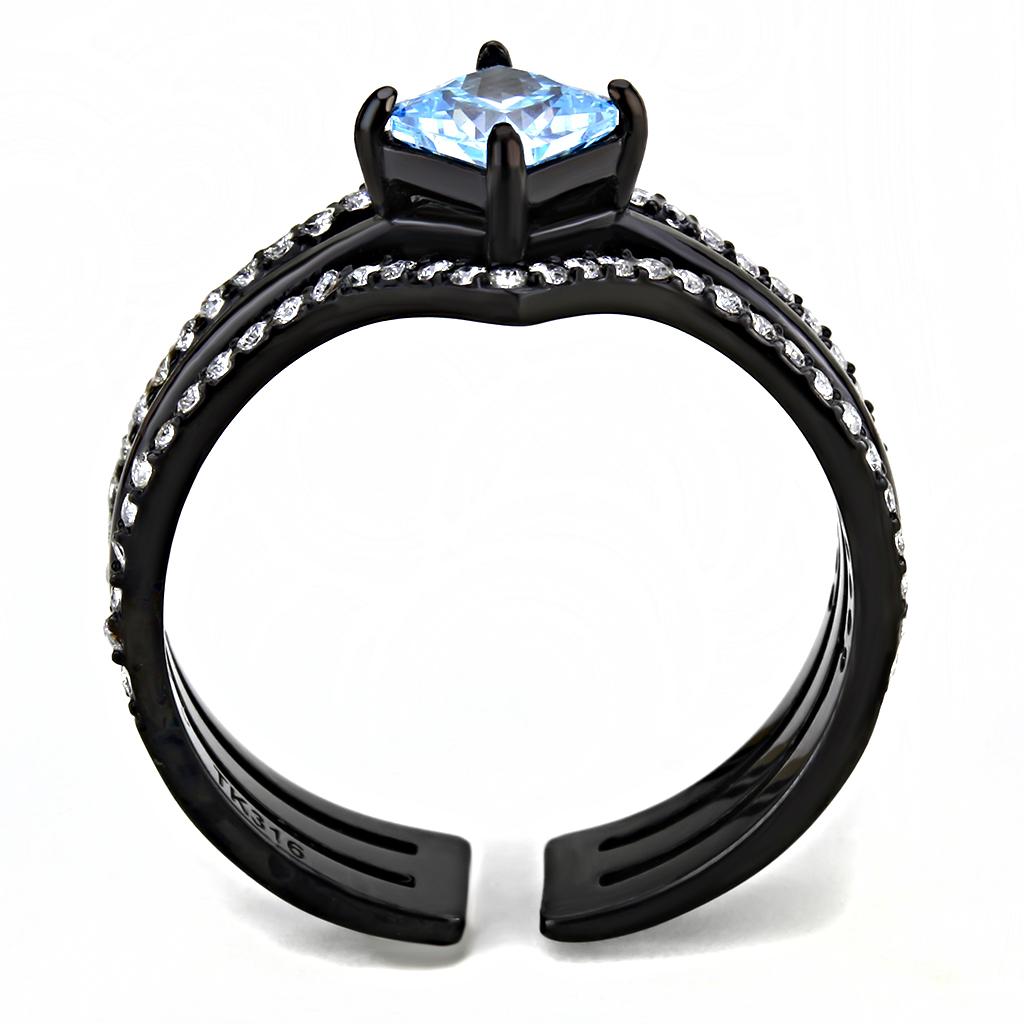 TK3562 - IP Black(Ion Plating) Stainless Steel Ring with AAA Grade CZ  in Sea Blue