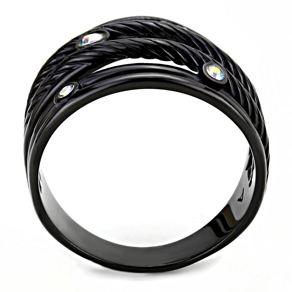 TK3566 - IP Black(Ion Plating) Stainless Steel Ring with Top Grade Crystal  in Aurora Borealis (Rainbow Effect)