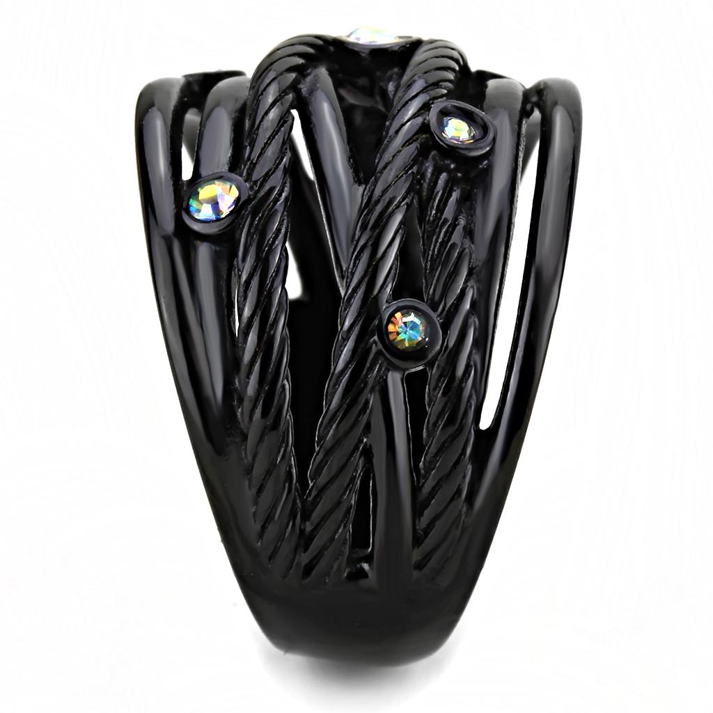 TK3566 - IP Black(Ion Plating) Stainless Steel Ring with Top Grade Crystal  in Aurora Borealis (Rainbow Effect)