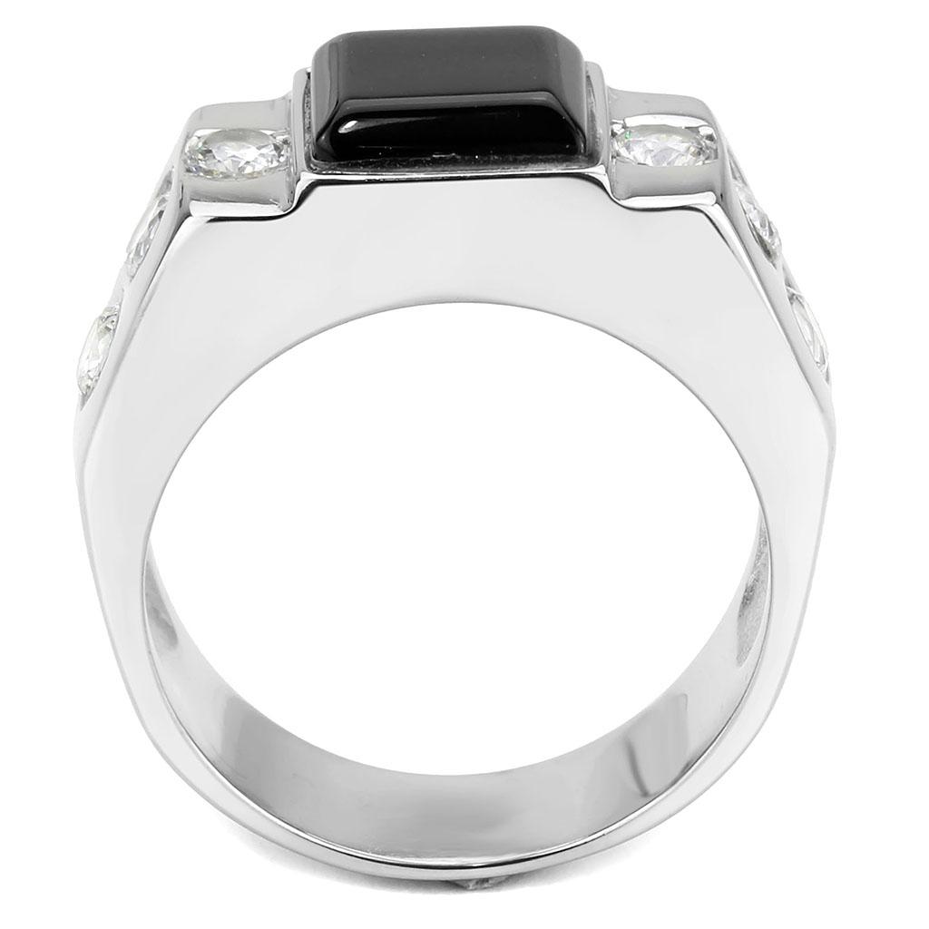 TK3615 - High polished (no plating) Stainless Steel Ring with Synthetic Onyx in Jet