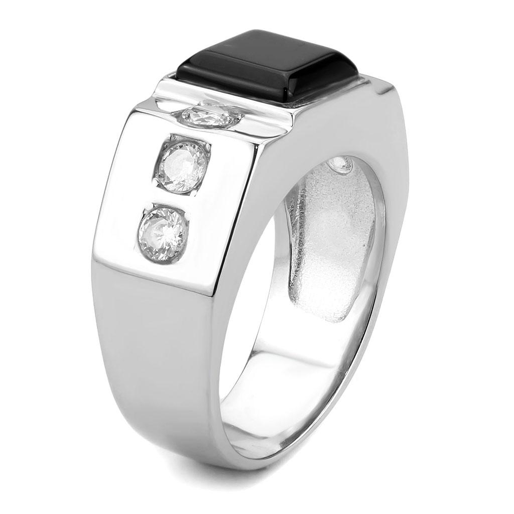 TK3615 - High polished (no plating) Stainless Steel Ring with Synthetic Onyx in Jet