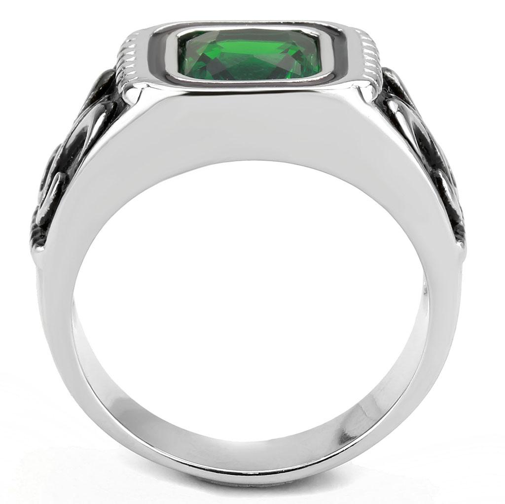 TK3616 - High polished (no plating) Stainless Steel Ring with Synthetic Synthetic Glass in Emerald