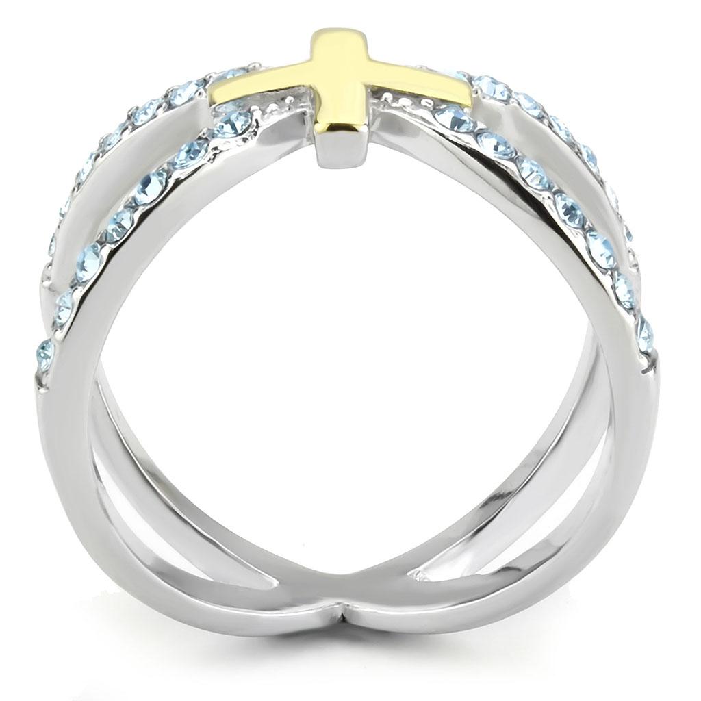 TK3636 - Two-Tone IP Gold (Ion Plating) Stainless Steel Ring with Top Grade Crystal  in Sea Blue