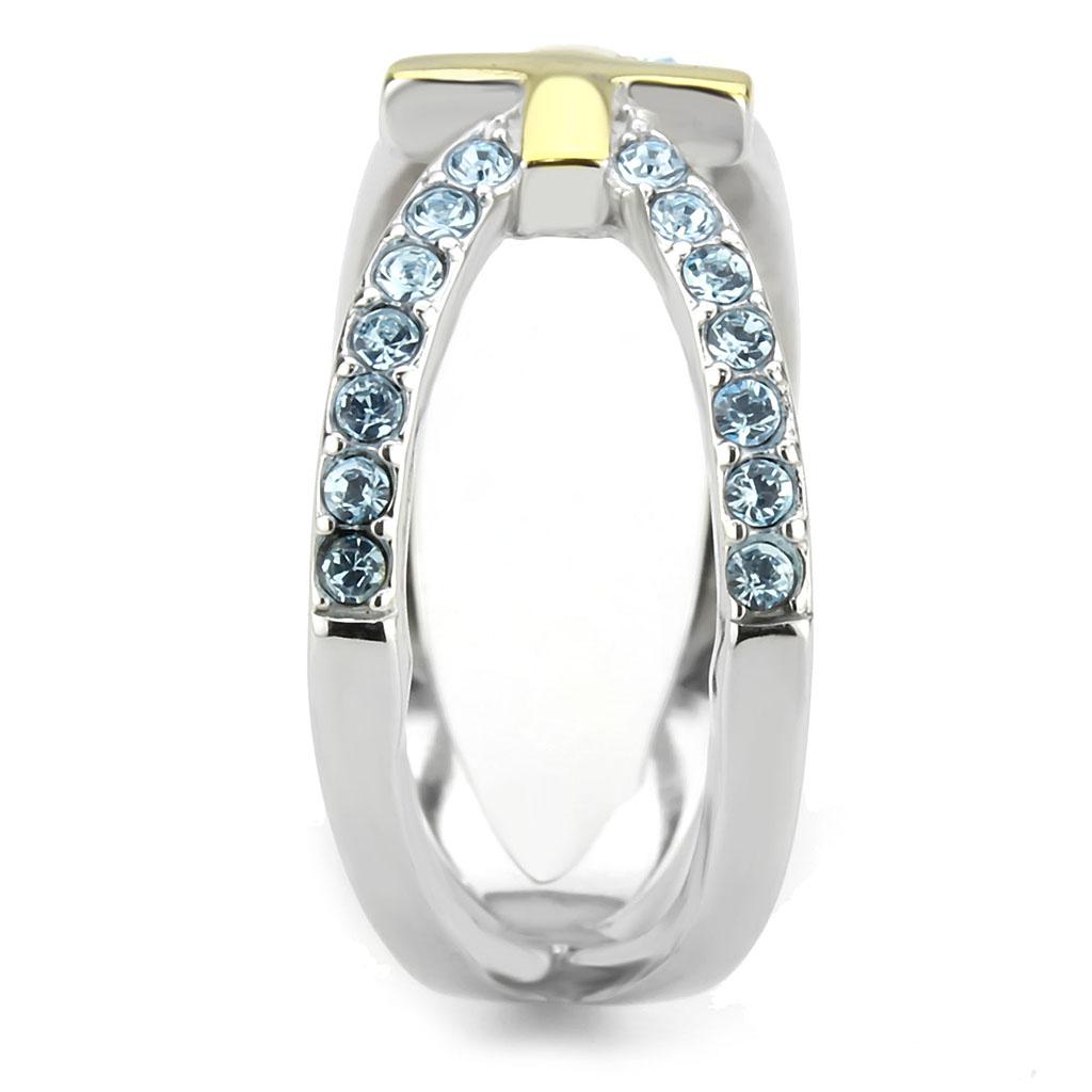 TK3636 - Two-Tone IP Gold (Ion Plating) Stainless Steel Ring with Top Grade Crystal  in Sea Blue