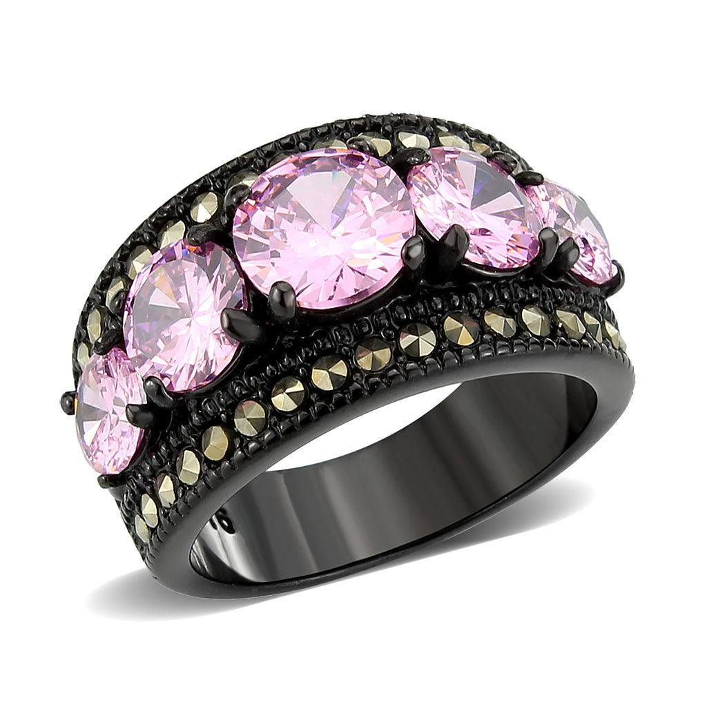 TK3792 - IP Black (Ion Plating) Stainless Steel Ring with AAA Grade CZ in Rose