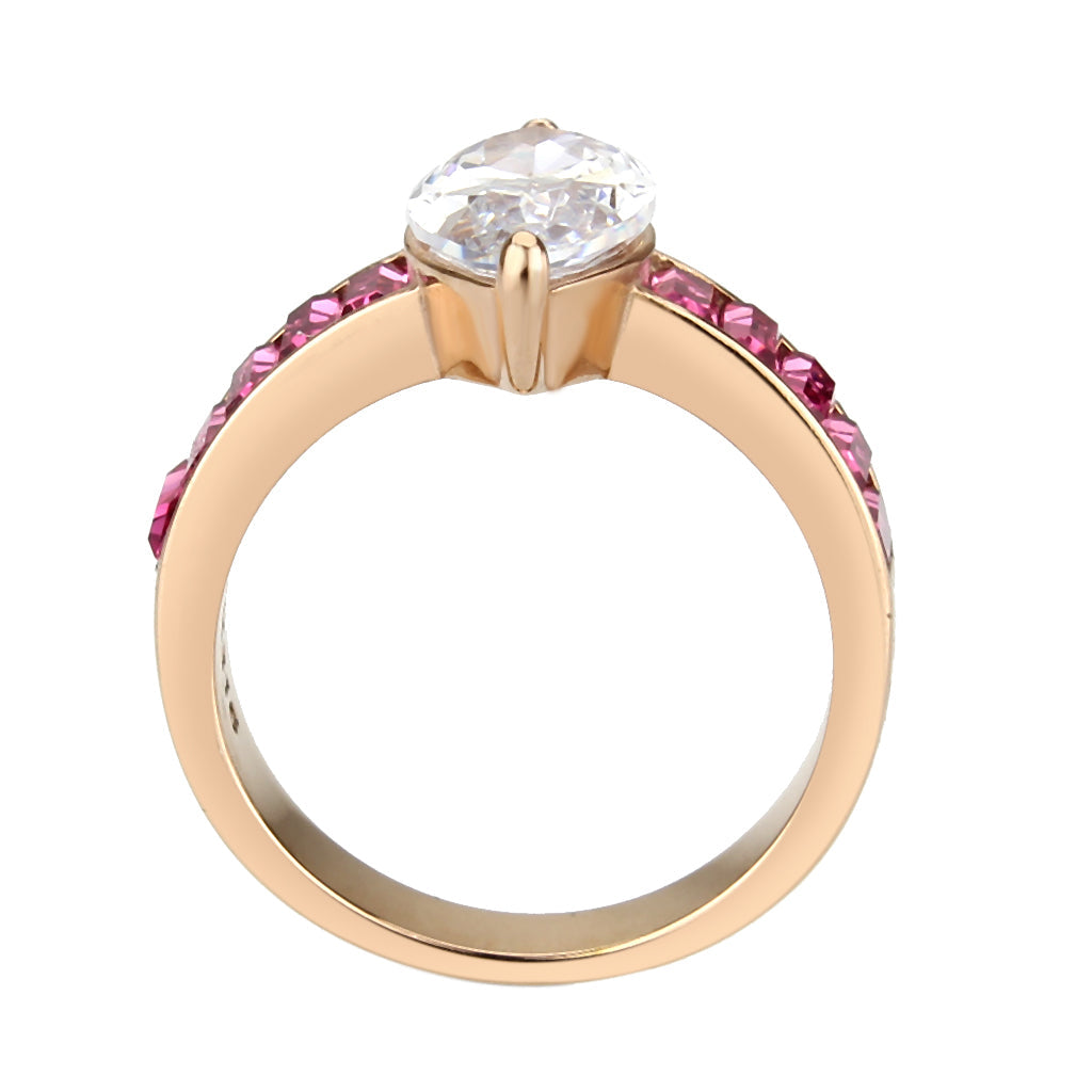 TK3825 - IP Rose Gold(Ion Plating) Stainless Steel Ring with AAA Grade CZ in Clear