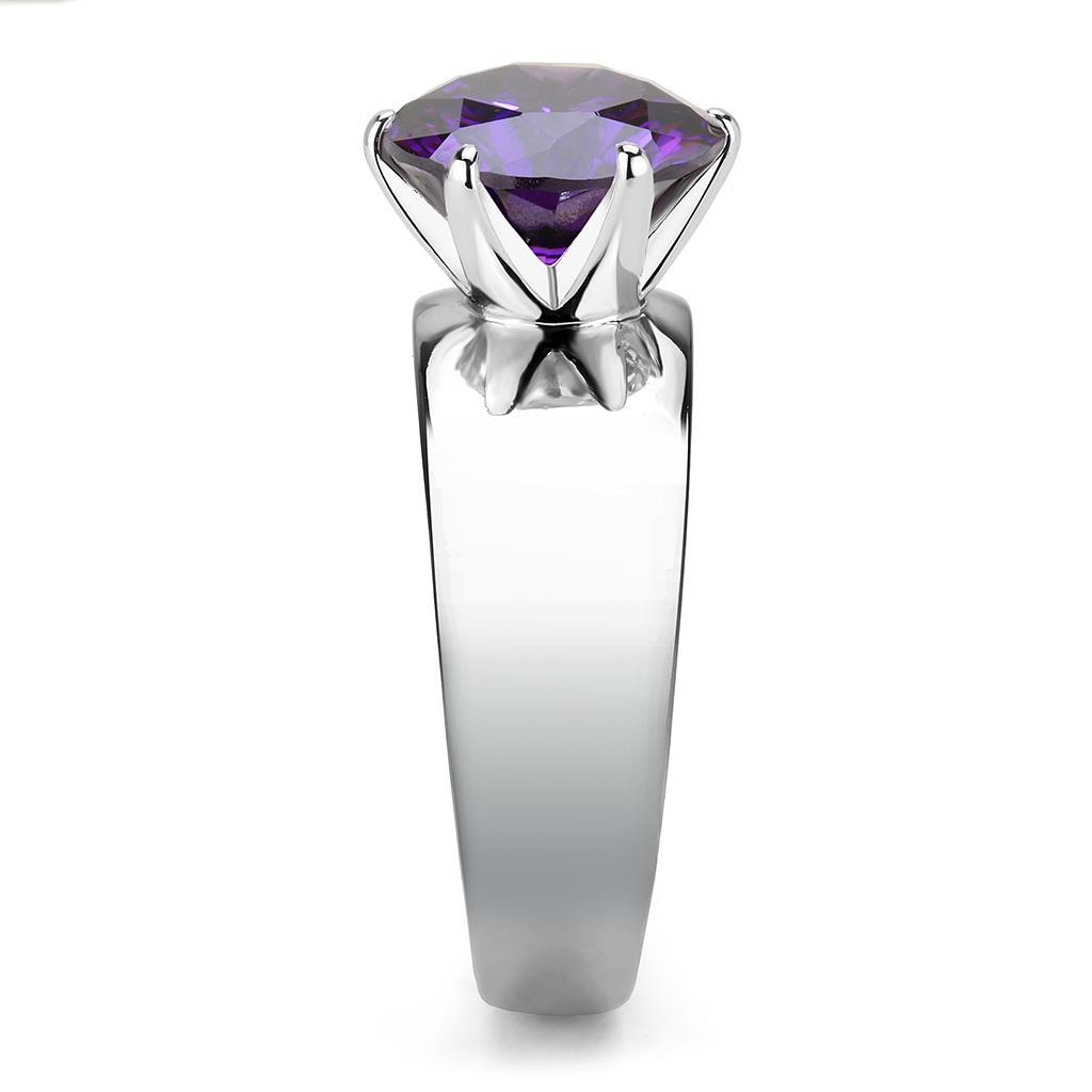 TK52002 - High polished (no plating) Stainless Steel Ring with AAA Grade CZ  in Amethyst