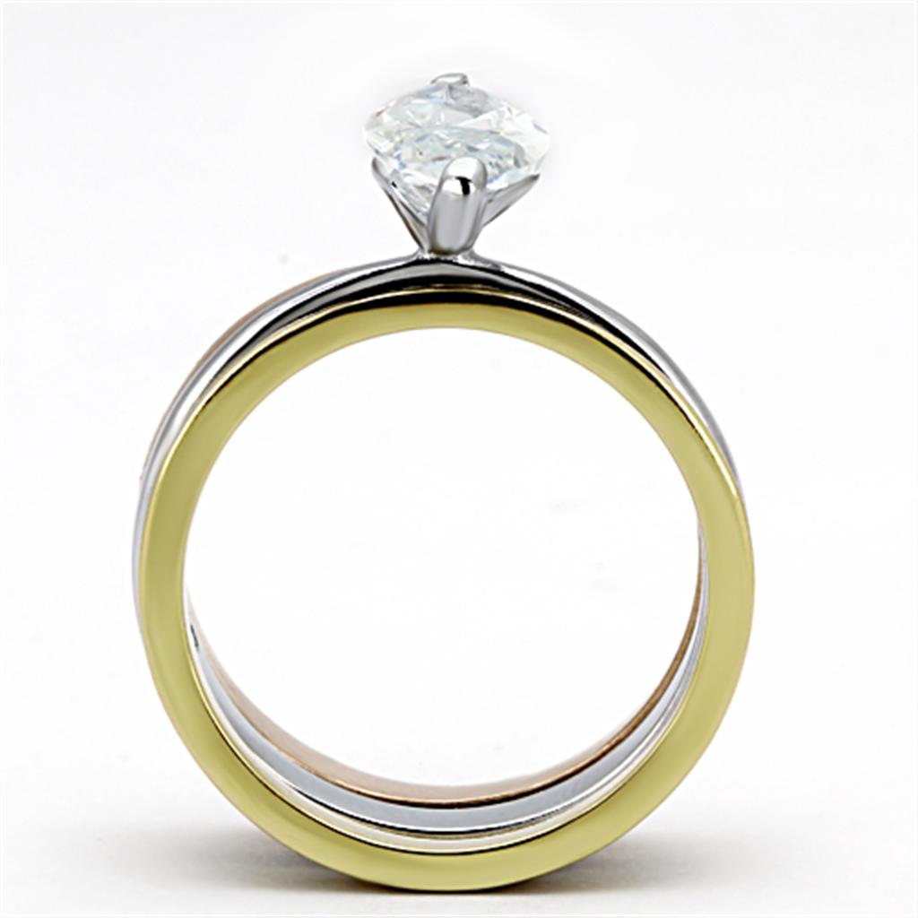 TK964 - Three Tone IPÃ¯Â¼Ë†IP Gold & IP Rose Gold & High Polished) Stainless Steel Ring with AAA Grade CZ  in Clear