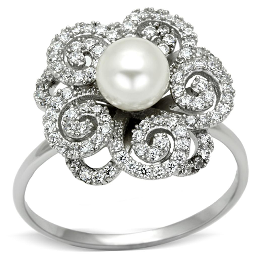 TS070 - Rhodium 925 Sterling Silver Ring with Synthetic Pearl in White