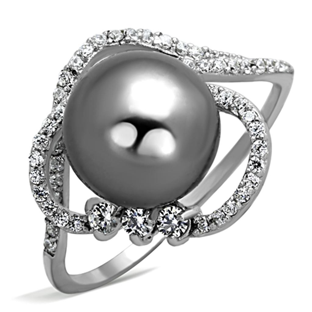 TS153 - Rhodium 925 Sterling Silver Ring with Synthetic Pearl in Gray