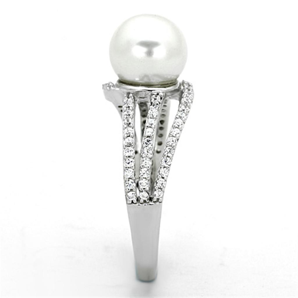 TS170 - Rhodium 925 Sterling Silver Ring with Synthetic Pearl in White