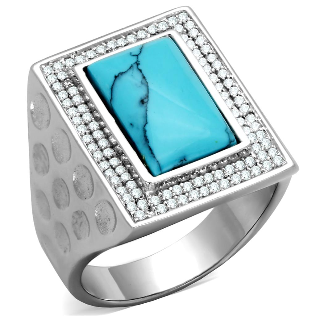 TS228 - Rhodium 925 Sterling Silver Ring with Synthetic Turquoise in Sea Blue