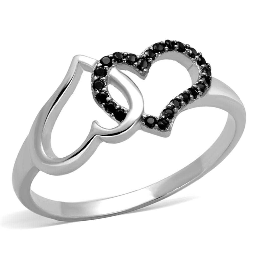 TS316 - Rhodium + Ruthenium 925 Sterling Silver Ring with AAA Grade CZ  in Black Diamond