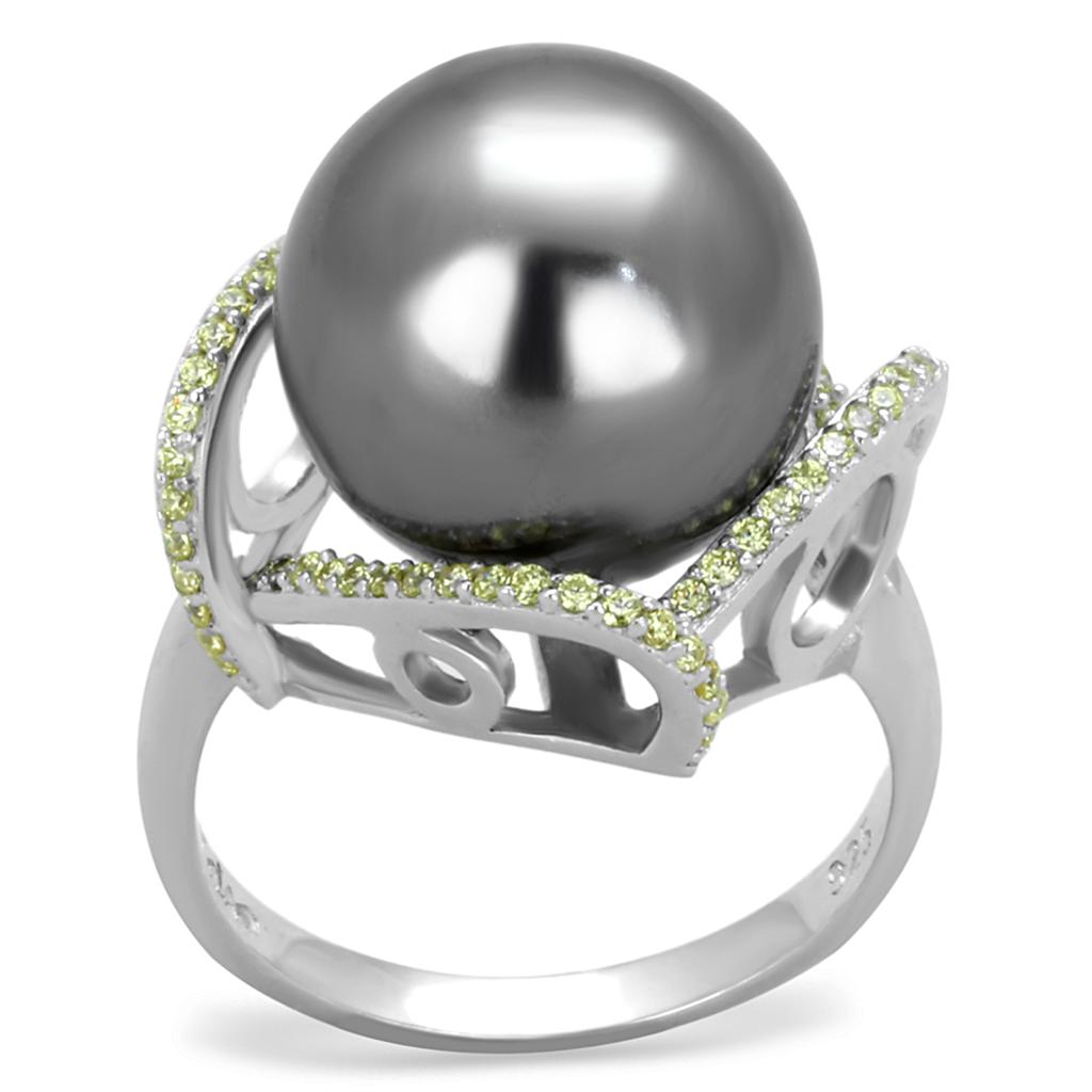 TS318 - Rhodium 925 Sterling Silver Ring with Synthetic Pearl in Gray