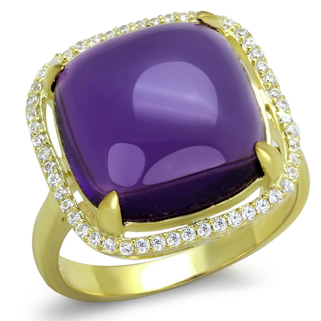 TS392 - Gold 925 Sterling Silver Ring with Synthetic Synthetic Glass in Amethyst