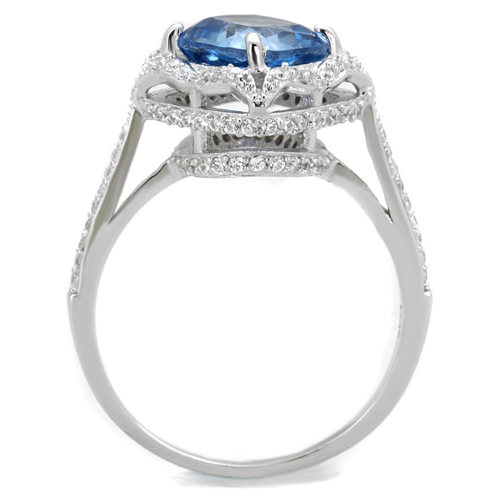 TS419 - Rhodium 925 Sterling Silver Ring with Synthetic Spinel in Sea Blue