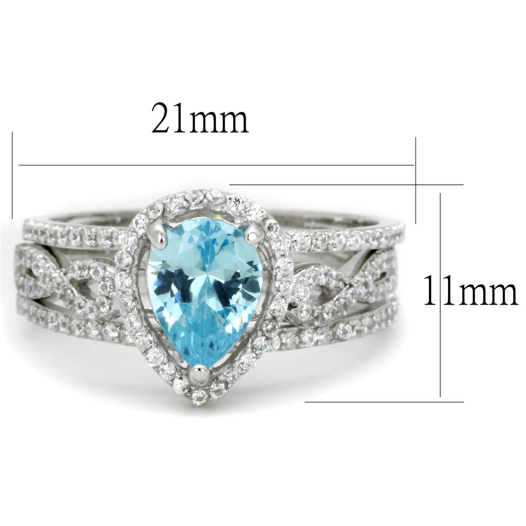 TS453 - Rhodium 925 Sterling Silver Ring with AAA Grade CZ  in Sea Blue