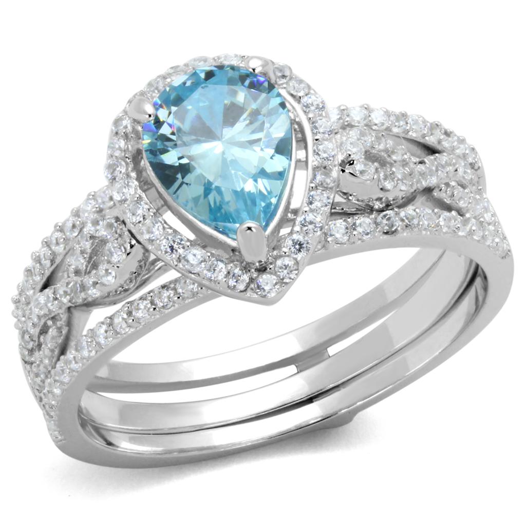 TS453 - Rhodium 925 Sterling Silver Ring with AAA Grade CZ  in Sea Blue