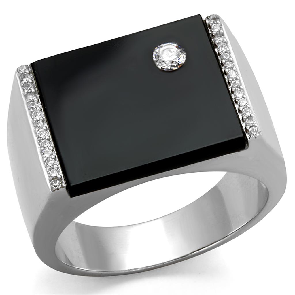 TS459 - Rhodium 925 Sterling Silver Ring with Synthetic Onyx in Jet