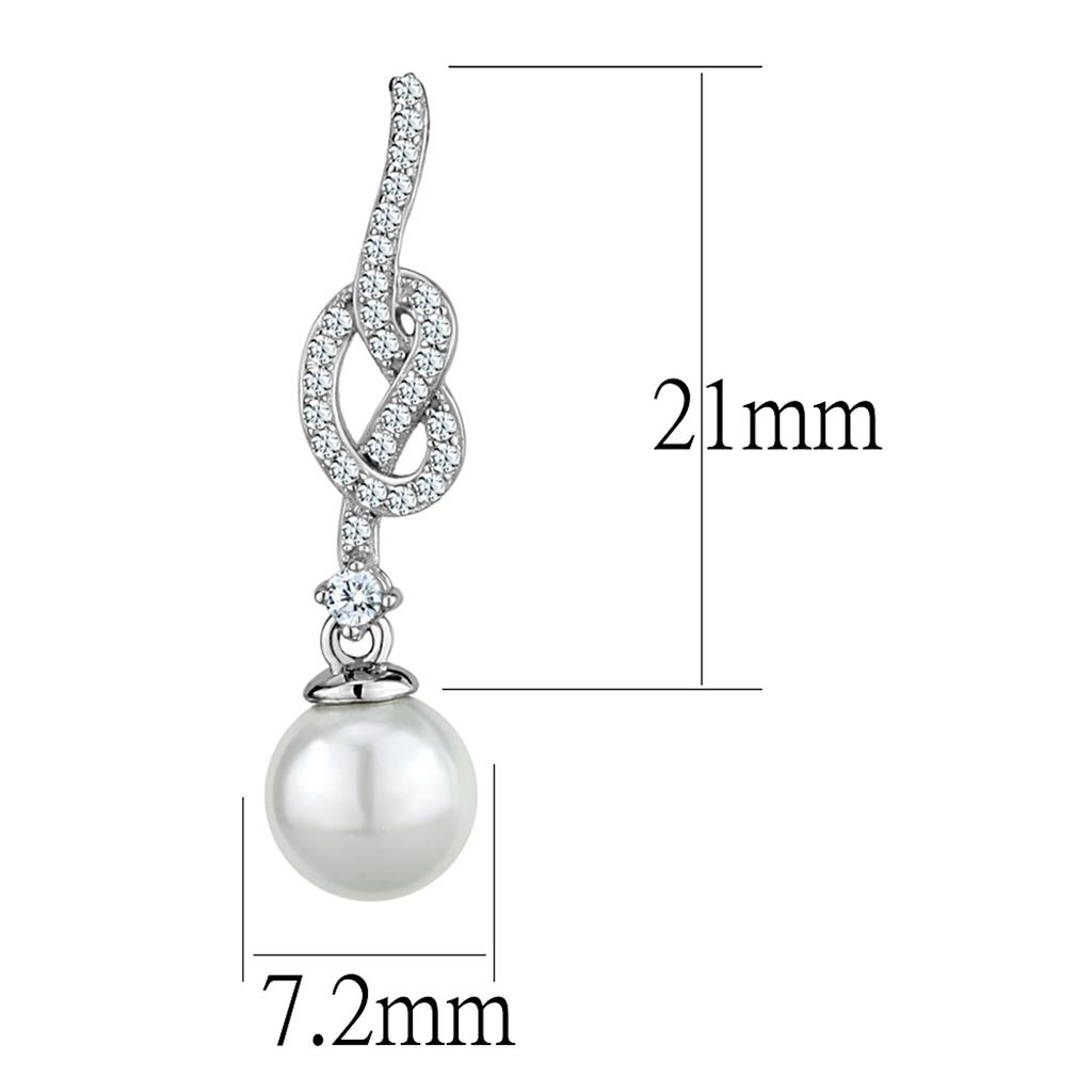 TS506 - Rhodium 925 Sterling Silver Earrings with Synthetic Glass Bead in White